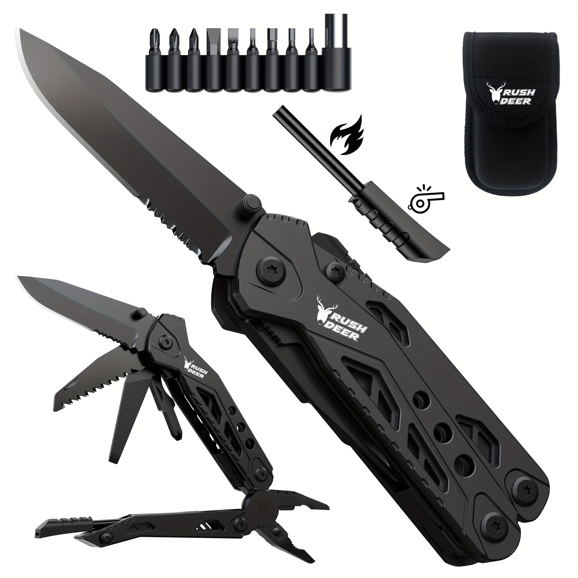 

16-in-1 Multitool Knife - Camping Survival Knife With Pliers, Screwdrivers, Bottle Opener - Safety Lock & Nylon Sheath Included, Rush Deer Multitool Knife - Unique Gift For Boyfriend, Dad, Husband