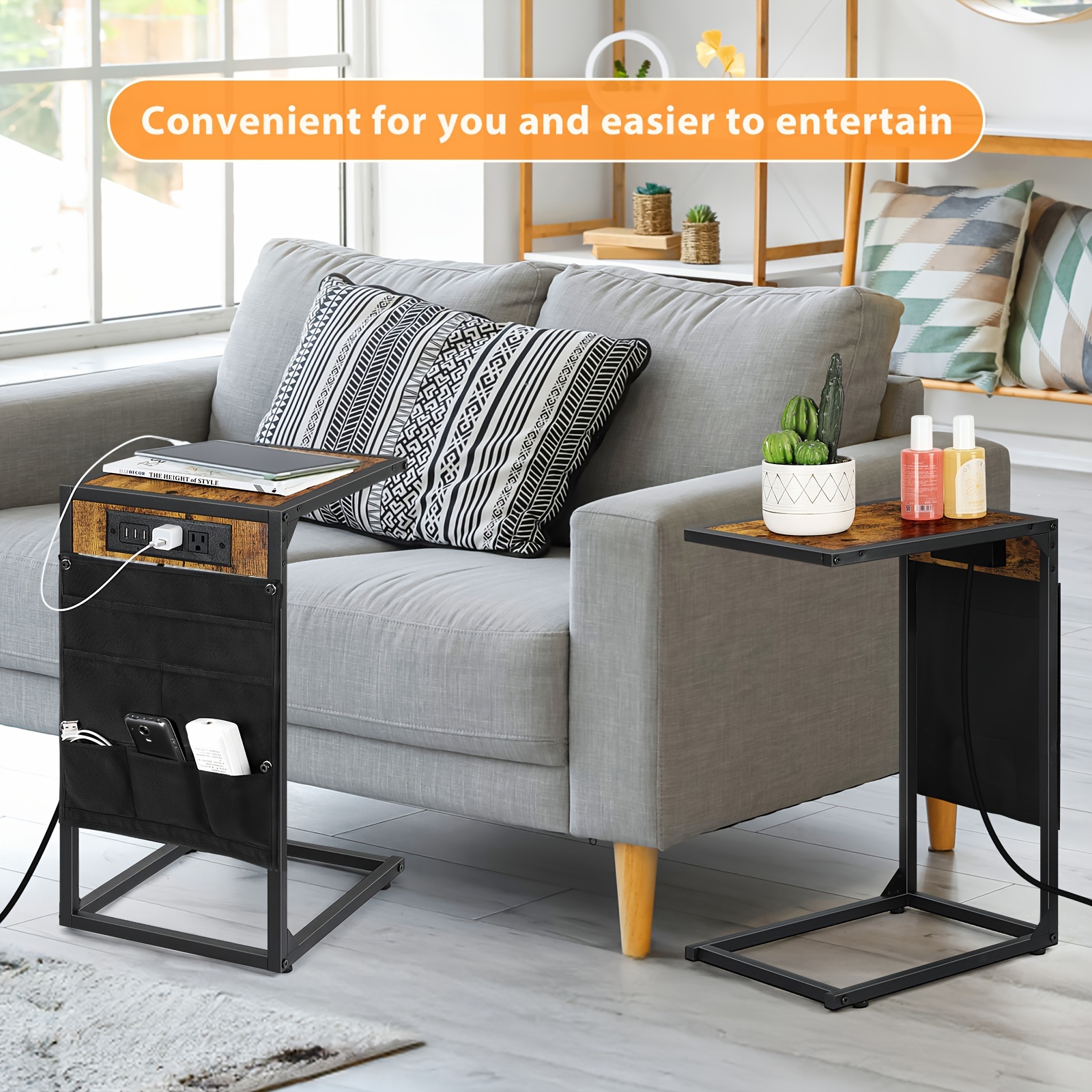 1pc 2pcs c shaped end table 50lbs capacity desktop storage removable table coffee table slides under sofa snack table ideal for room sofa bedroom multifunctional table charging station storage bag drawer organizer for home storage details 3