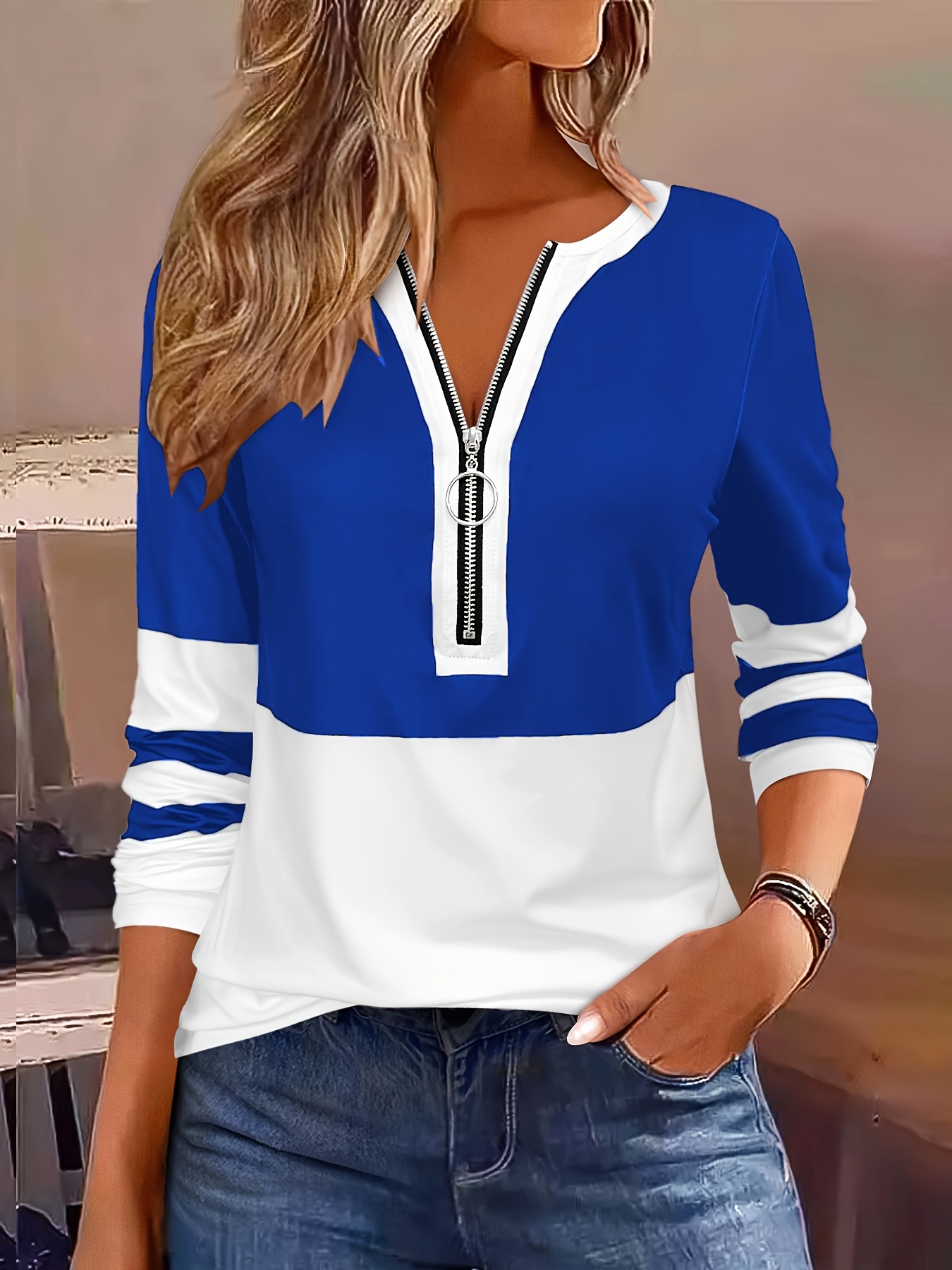 womens   and   block v neck long sleeve t shirt with zipper  l casual yet elegant   spring and fall casual wear   tee zipper   Product details 15