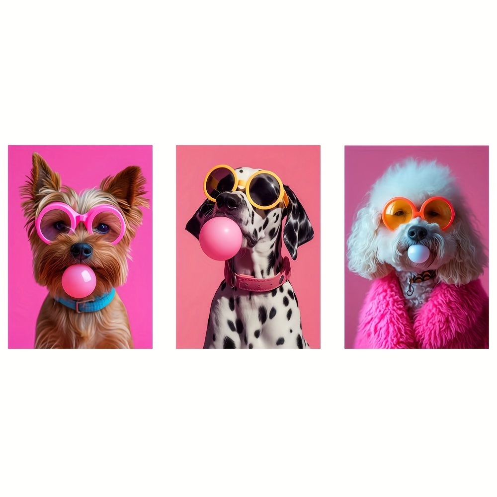 TEMU 2d Flat, 2d Flat, 3pcs Of Dog Colorful Bubble Gum Sunglasses Poster Prints, Cute Animal Wall Art Decor, Suitable For Bedroom, Kids Room, Living