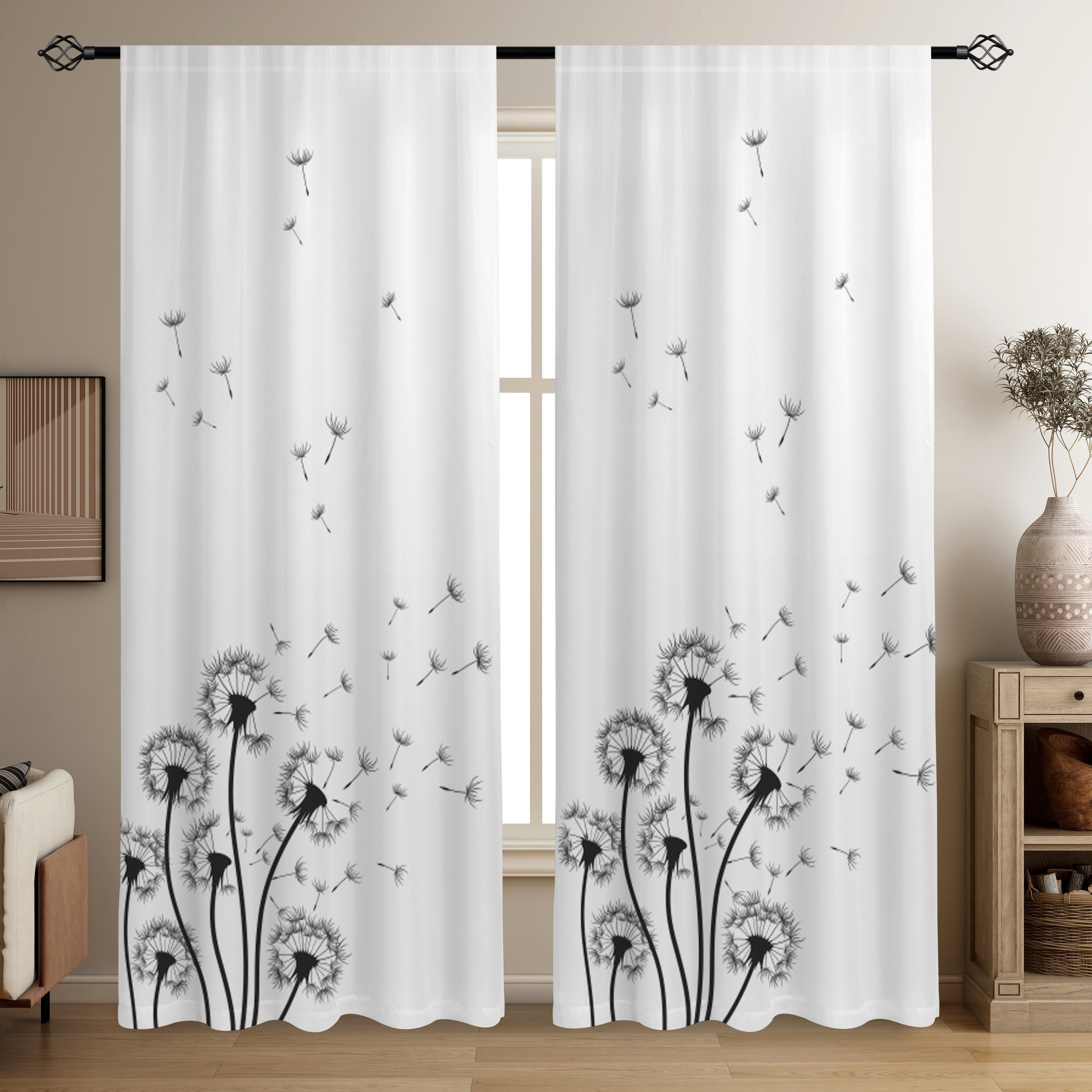 TEMU [ Delivery] 2pcs Set, Gray Dandelion Printed Translucent Curtains, Living Room Game Room Bedroom Multi-scene Polyester Rod Decoration Curtains