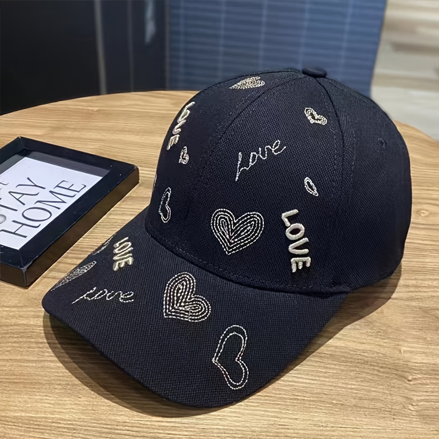 

Women's Embroidered 3d Letter "love" Baseball Cap, Casual Spring/summer Sun Protection Peaked Hat, Adjustable Outdoor Travel Hat With Heart Accents