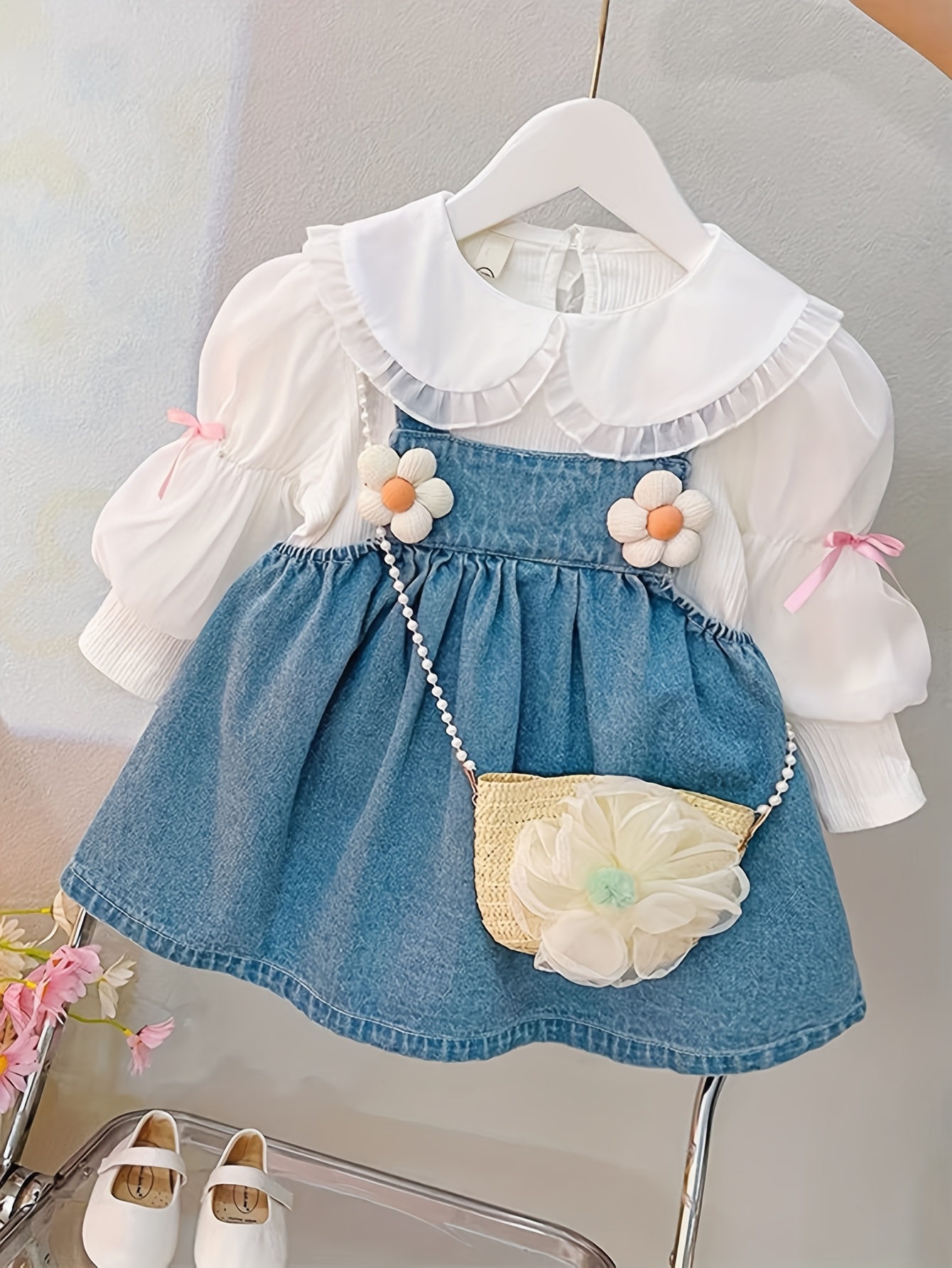 3 piece girls set floral suspender denim skirt long sleeve peter pan collar shirt bag fashionable spring autumn outfit Product details 0