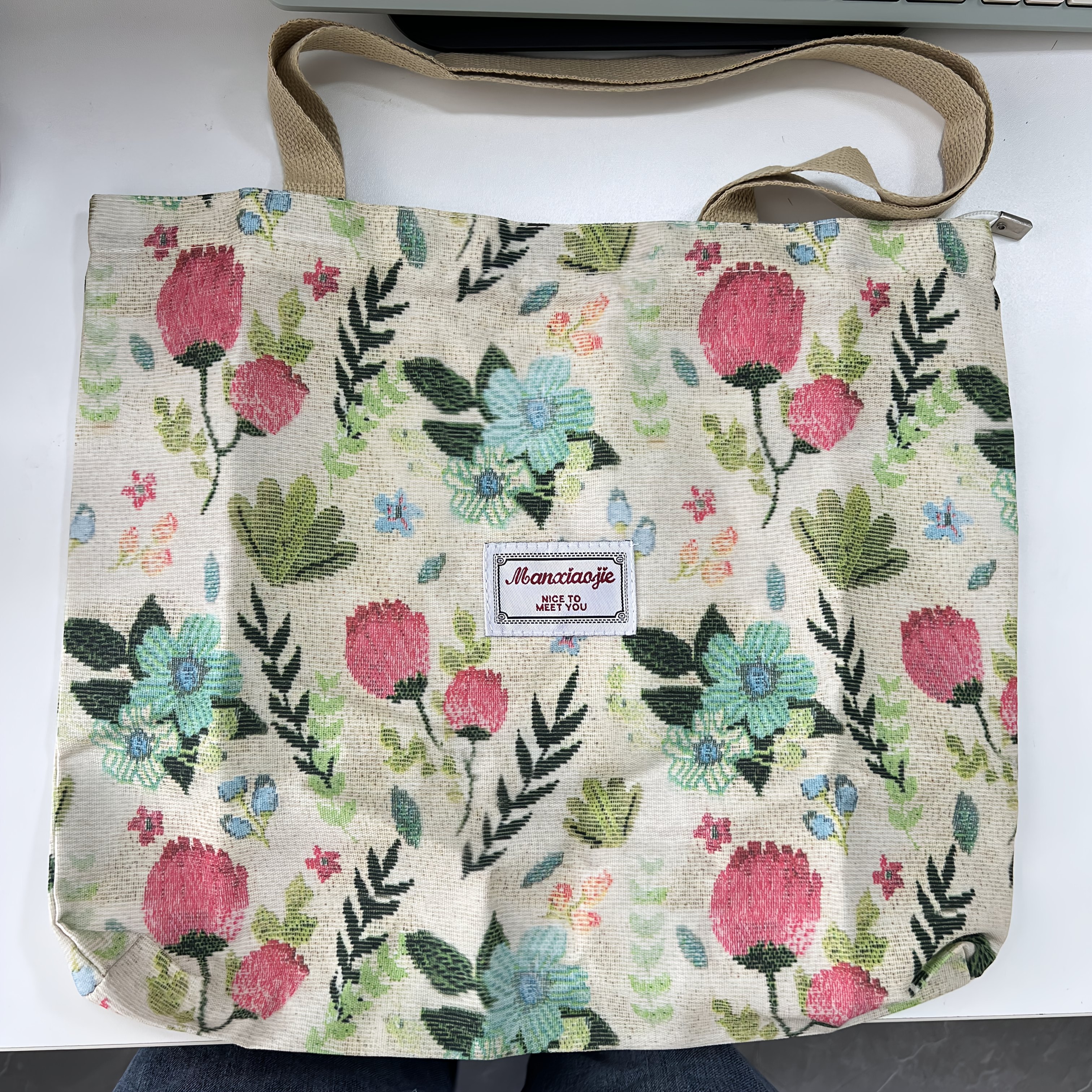 TEMU Elegant Floral Tote Bag With Zipper Closure, Large Capacity Shoulder Bag For Commuting, College, And Daily Use, Daily Tote Bag; Floral Pattern