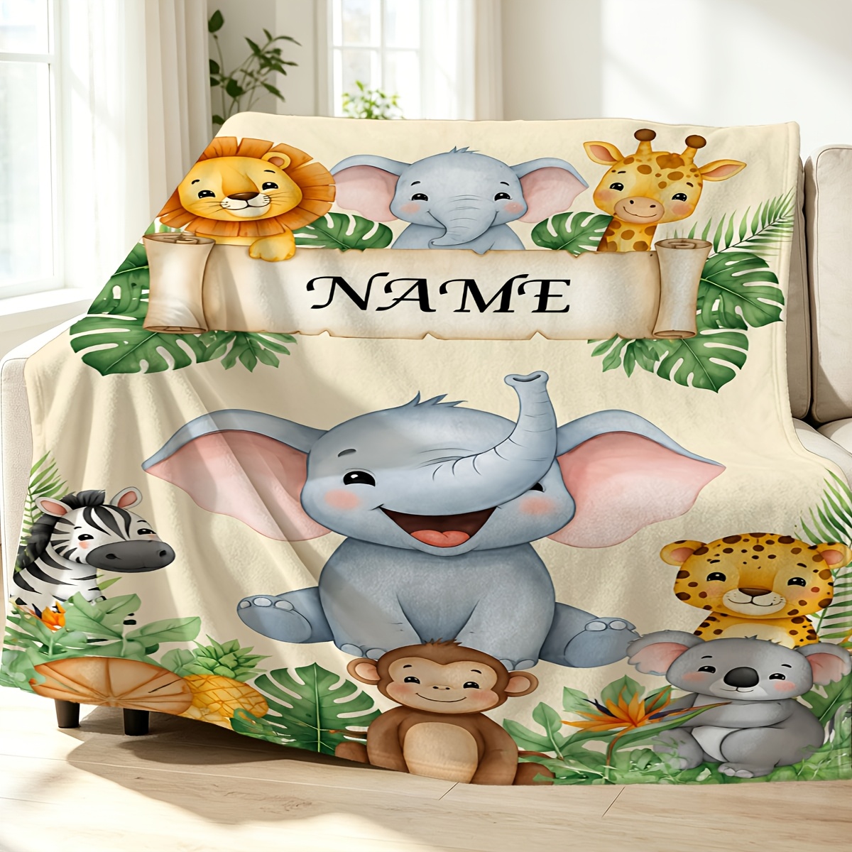 Custom Name Jungle Elephant Flannel Blanket, All-Season