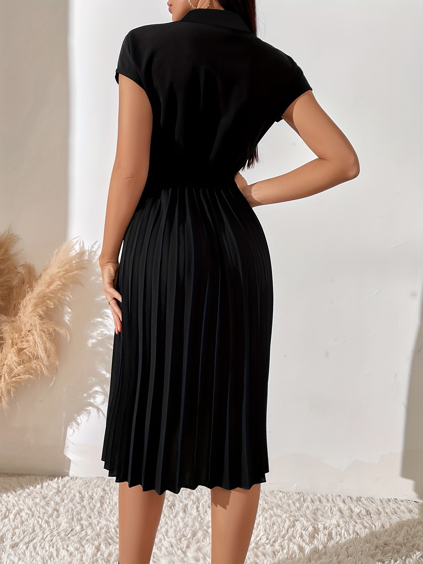 womens black collared pleated midi dress elegant - Temu Germany