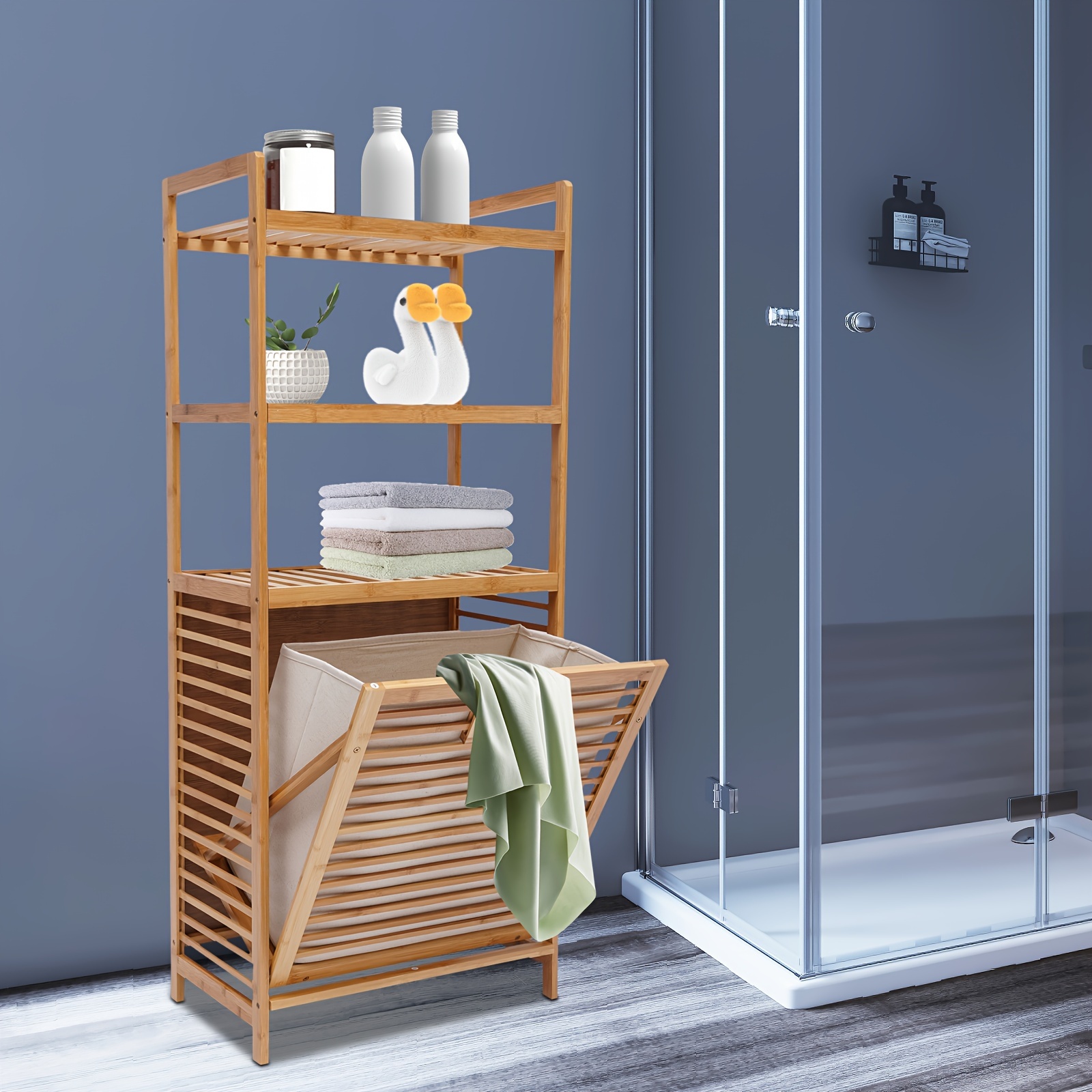 

Laundry Hamper Bamboo Bathroom Cabinet Organizer 4 Tier Shower Caddy Shelf Rack