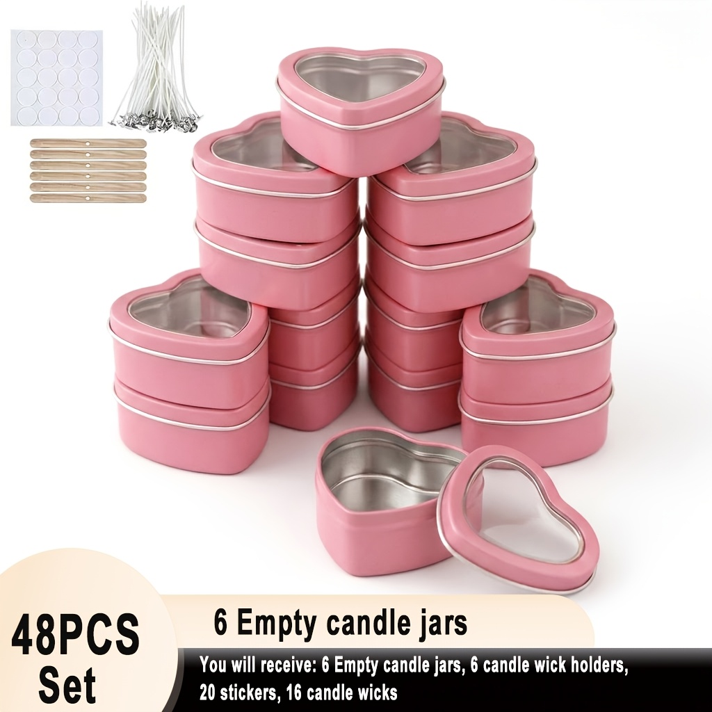 TEMU Kit de fabrication de bougies 48 pièces — Boîtes roses de cœur avec couvercles à fenêtre transparente | Récipients pour bougies de cœur de 65 ml