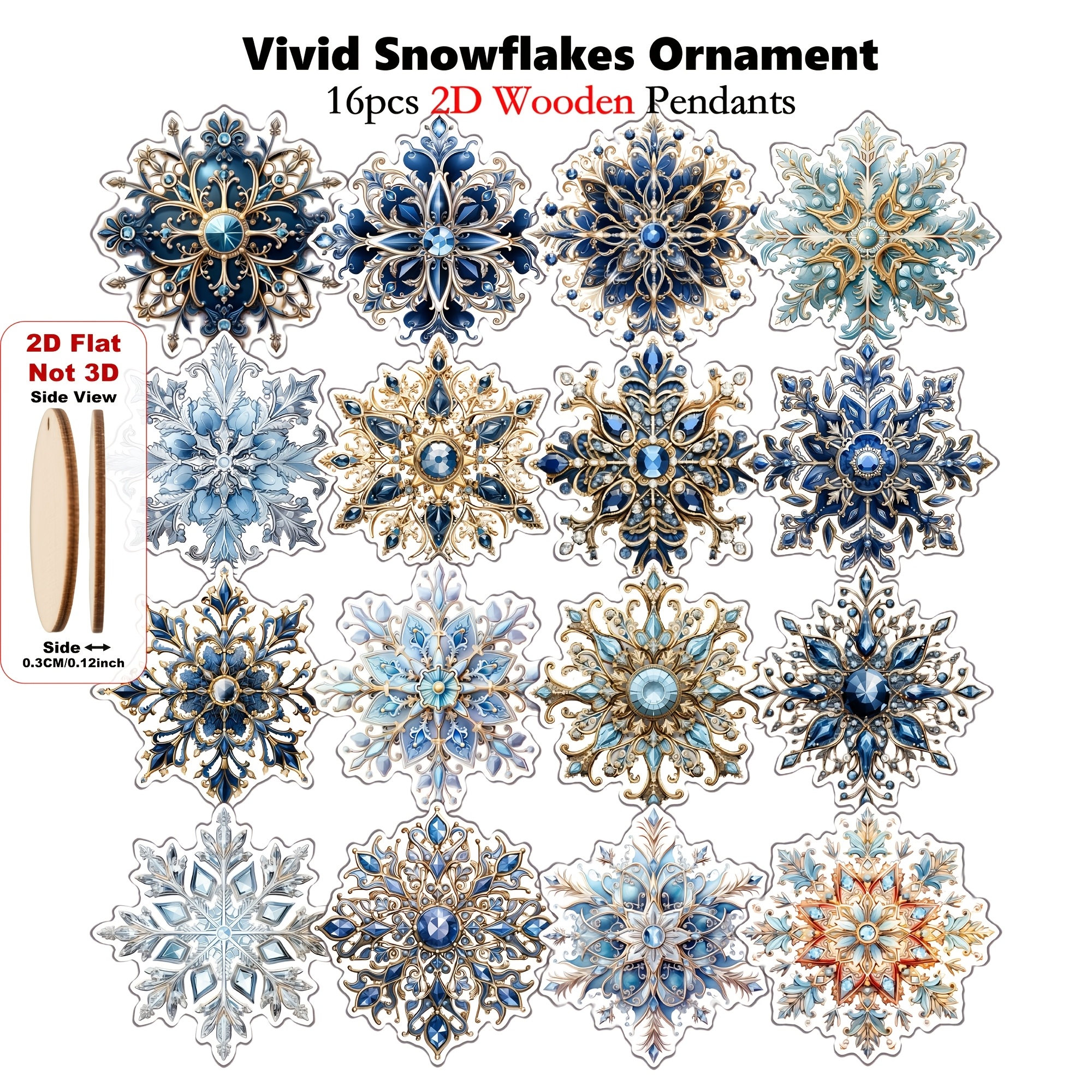 TEMU 2D , 16 Piezas de Adornos Navideños en Madera con Copas Azules y Doradas - Fácil Colgar para Árboles de Navidad, Acción de Gracias, &