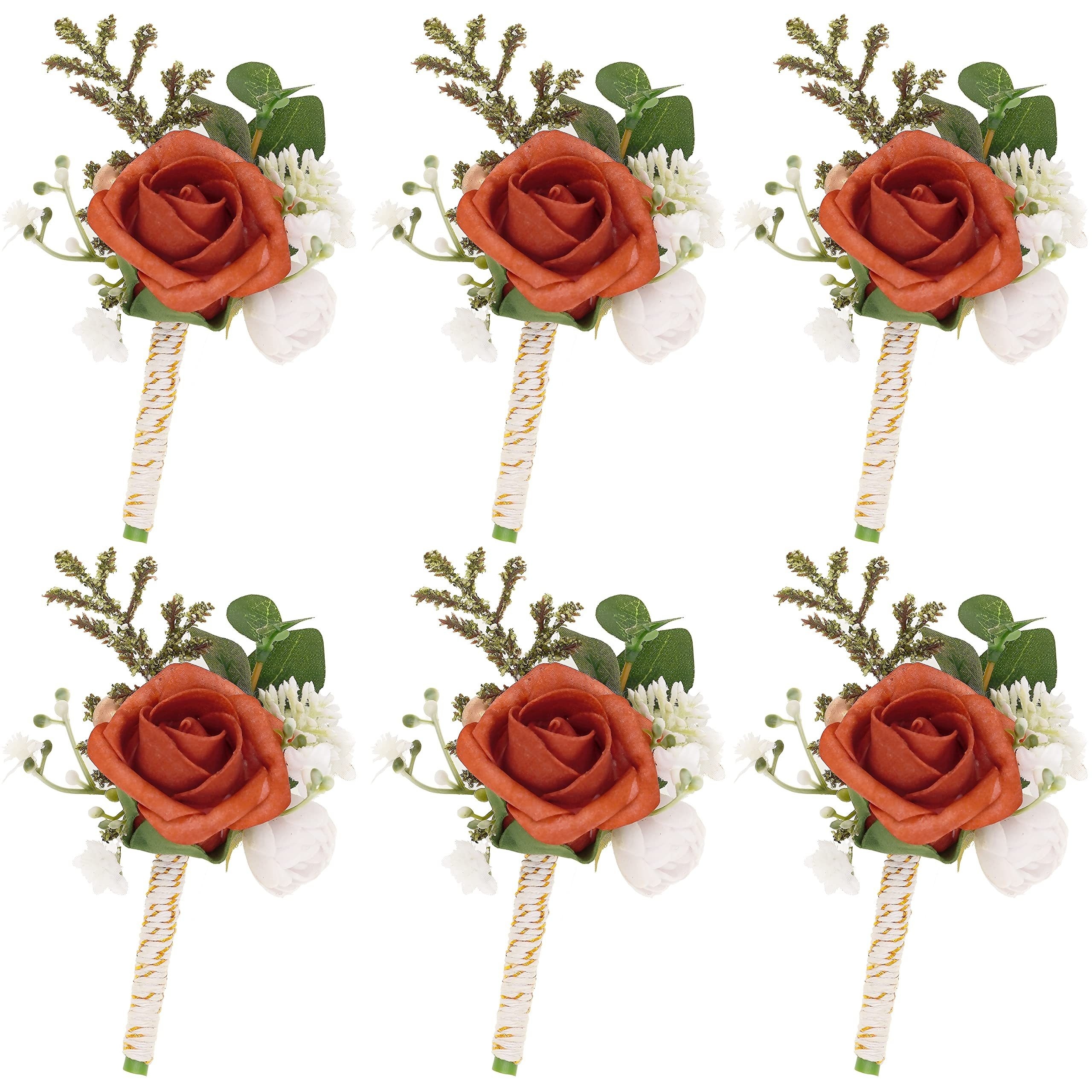 

6 Pcs Orange Artificial Flowers Rose Wrist Corsage, Wristlet Band Bracelet For Bride, Bridesmaid White Wedding Prom, Wedding Brooch