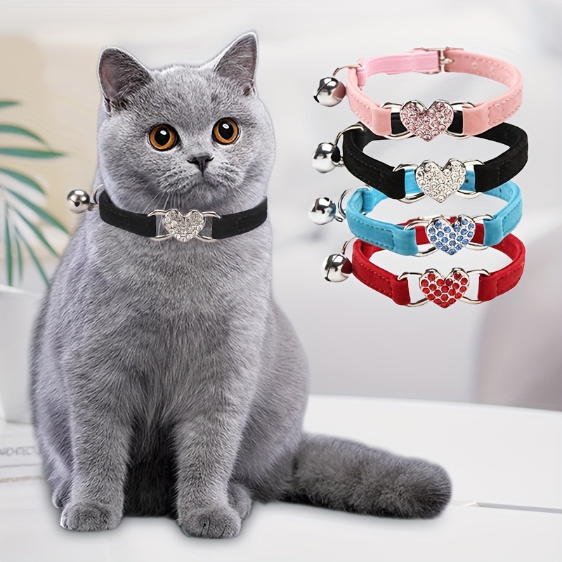 

Adjustable Heart Pattern Rhinestone Cat Collar - Polyester Fiber Pet Necklace For Cats And Small Dogs, Elastic Safety Buckle, Reflective Charm Pet Accessories