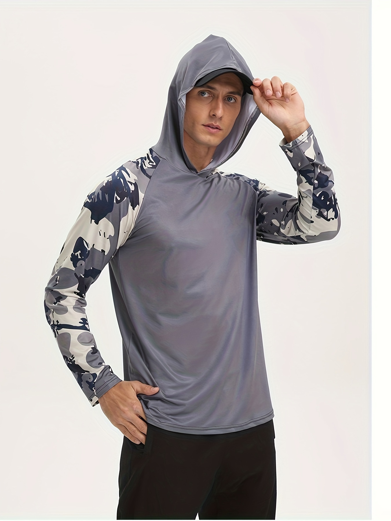 Men's Color Block Long Sleeve Sunscreen Hooded Fishing Shirt