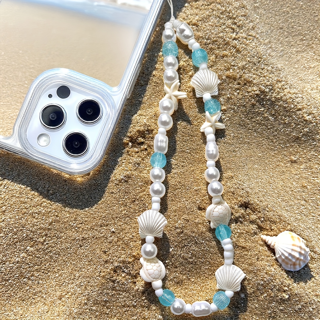 Fashion Shell Woven Phone Strap Beach Series Starfish Turtle Beads Phone Strap Camera Pendant