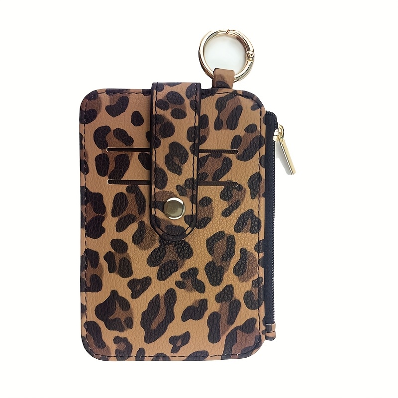 Image of Women's Leopard Print Slim Wallet With Multi-card Slots, Mirror Window & Key Ring - Zipper Closure, Golden-tone Hardware, Compact For Women