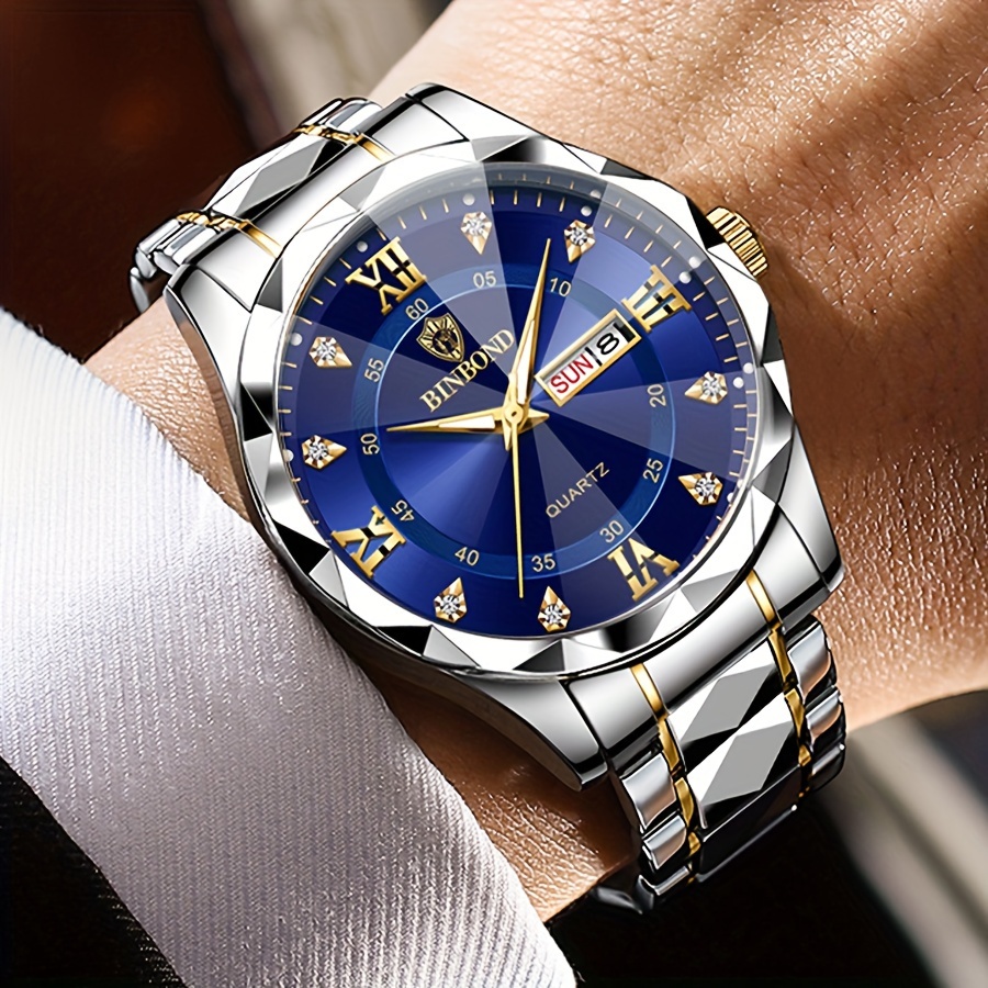 1pc Binbond Men's Business Watch, Stainless Steel Quartz Movement, Round Zinc Alloy Case, Luminous Dual Calendar, Battery Powered with Electronic Drive