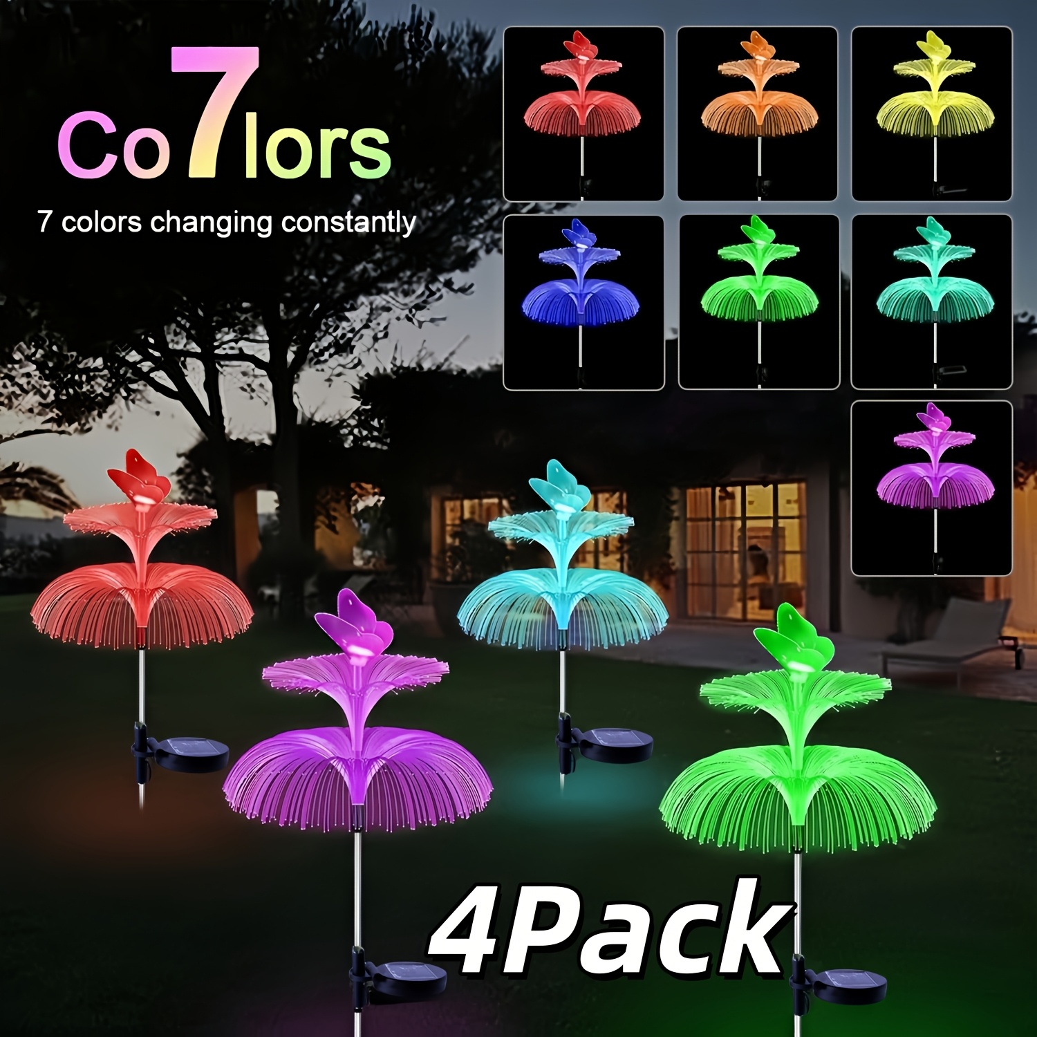 Image of Solar Garden Lights 4 Pack Solar Lights Outdoor Decorative 7 Color Changing Double Jellyfish And Flower Garden Decor Yard Christmas Pool Outdoor, Gifts For Mother's Women