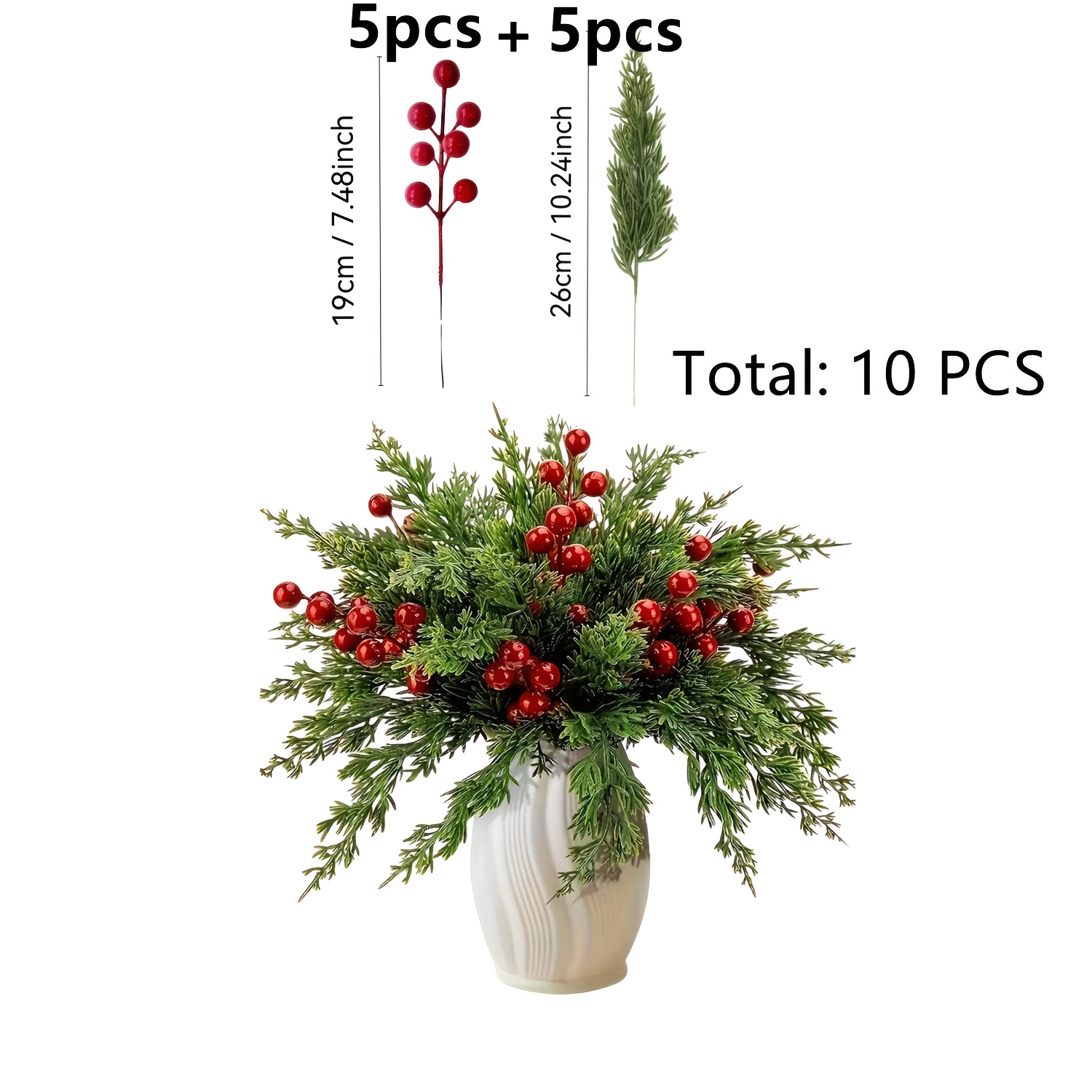 Image of Uv 10pcs Artificial Pine And Holly Stems With Red Berries – Green Fir Branches, Suitable For Christmas Wreaths, Tree Decorations, Seasonal Floral Arrangements | Festive Design | Realistic Plants