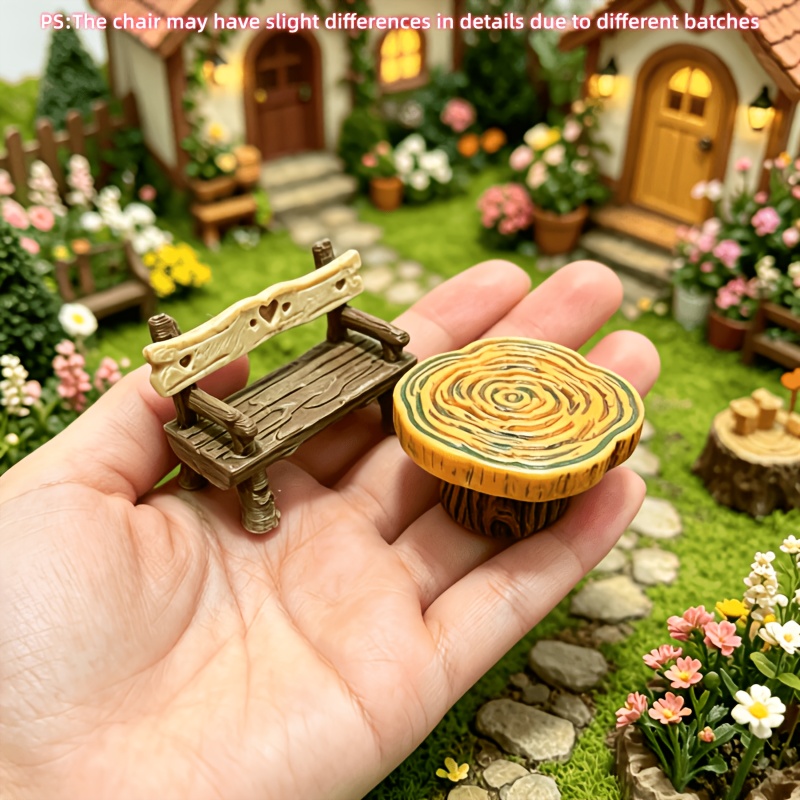 TEMU 2pcs Mini Wood Table And Chair Set - 1:12 Scale Miniature Garden Forest Outdoor Scene Decoration, Suitable For Dollhouse Decor Collection,