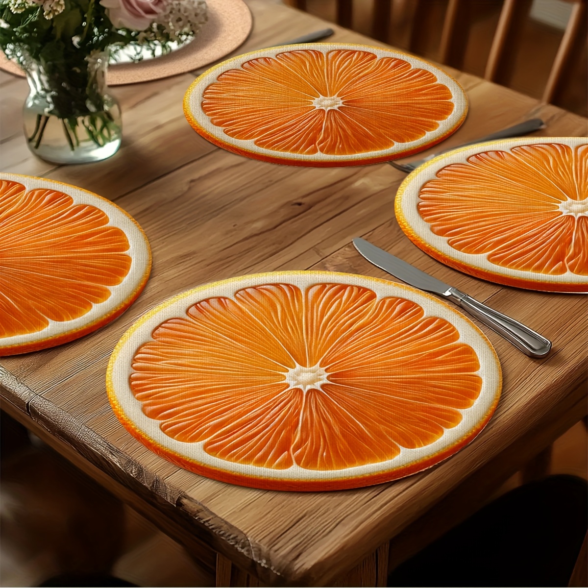 TEMU 4pcs Round Placemats Suitable For Kitchen & Dining Table, Citrus Table Mats With Orange Lemon Print, Rustic Table Protectors, Hand Washable