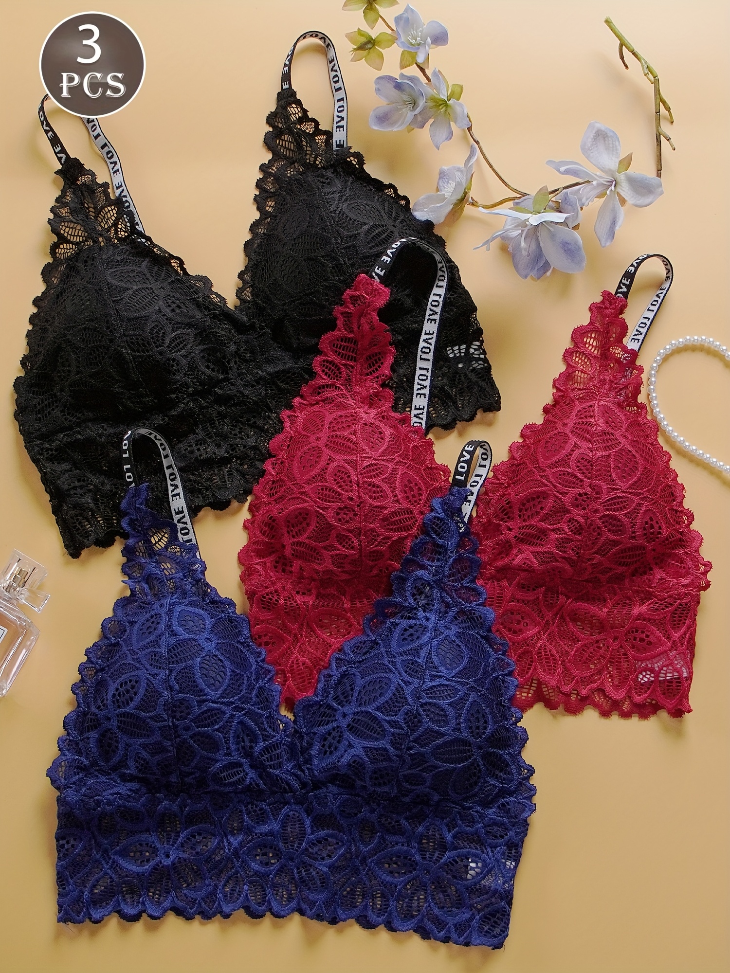 multi color free combination three piece female sexy wireless flower lace bra detachable pad love printed strap light underwear set details 1