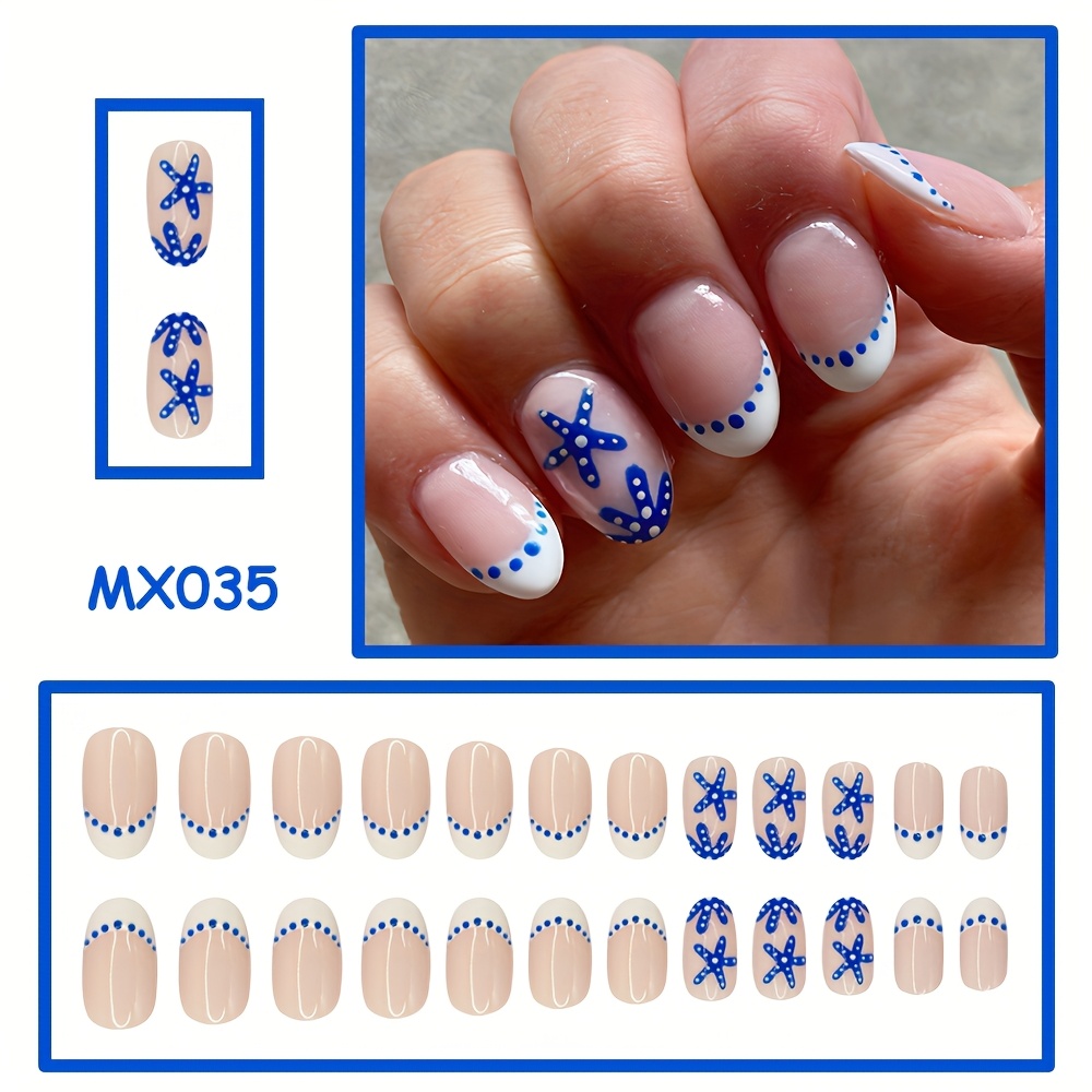 24pcs Summer Short Oval Press-on Nails, Blue Starfish Polka With Jelly Glue And Buffer, Beach Nails For And Daily Wear