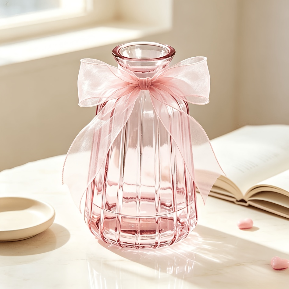 TEMU Vase en verre rose avec décoration de nœud, bouteille 3D côtelée, convient aux fleurs fraîches, aux fleurs séchées et aux fleurs artificielles,