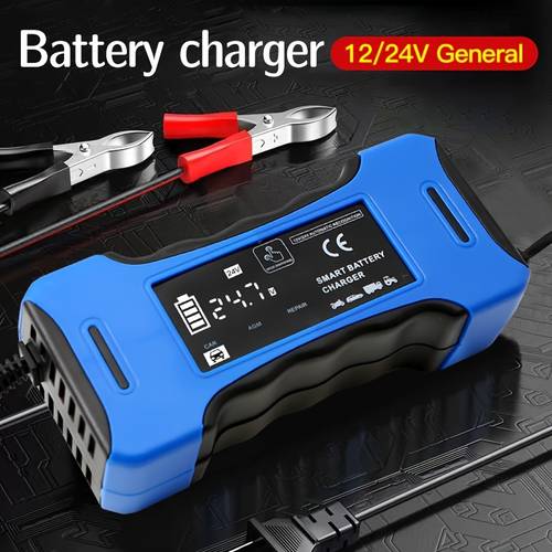 vehicles charger for 12v and 24v with lcd repair function and charger maintainer for smart charging maintenance of car truck lawn mower boat and motorcycle batteries