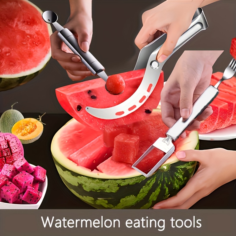3pcs Stainless Steel Watermelon Slicer Watermelon Cube Cutter Watermelon Fruit Separator Watermelon Ball Scoop Tool Summer Melon Eating Tool