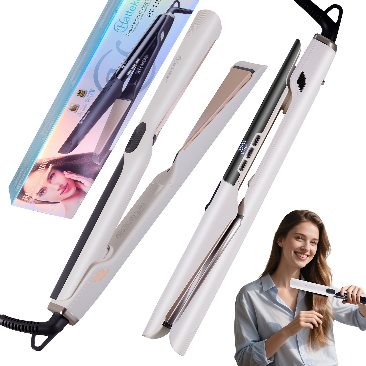 Image of Hatteker New Curling Iron Adjustable Multi Heat Settings Hair Curler And Straightener, Portable Salon Hair Curling Appliance For Ladies