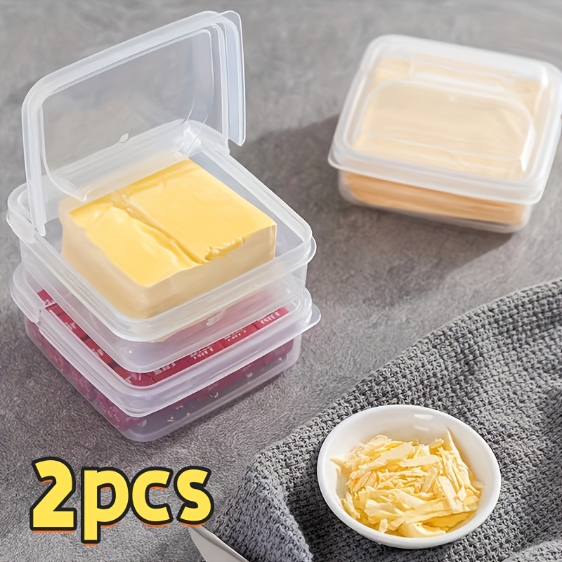 TEMU 2pcs Transparent Plastic Butter And Cheese Storage Containers - Portable Fridge Organizer With Easy-access Hinged Lid For Organization And Food