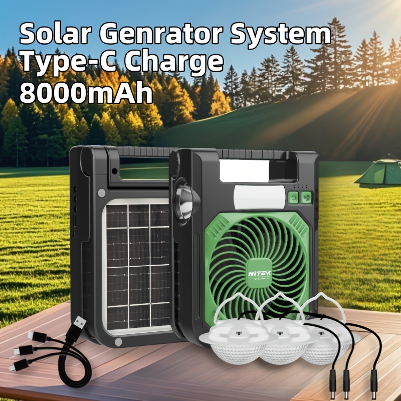 Portable Solar Fan with LED Night Light & Flashlight - USB Rechargeable