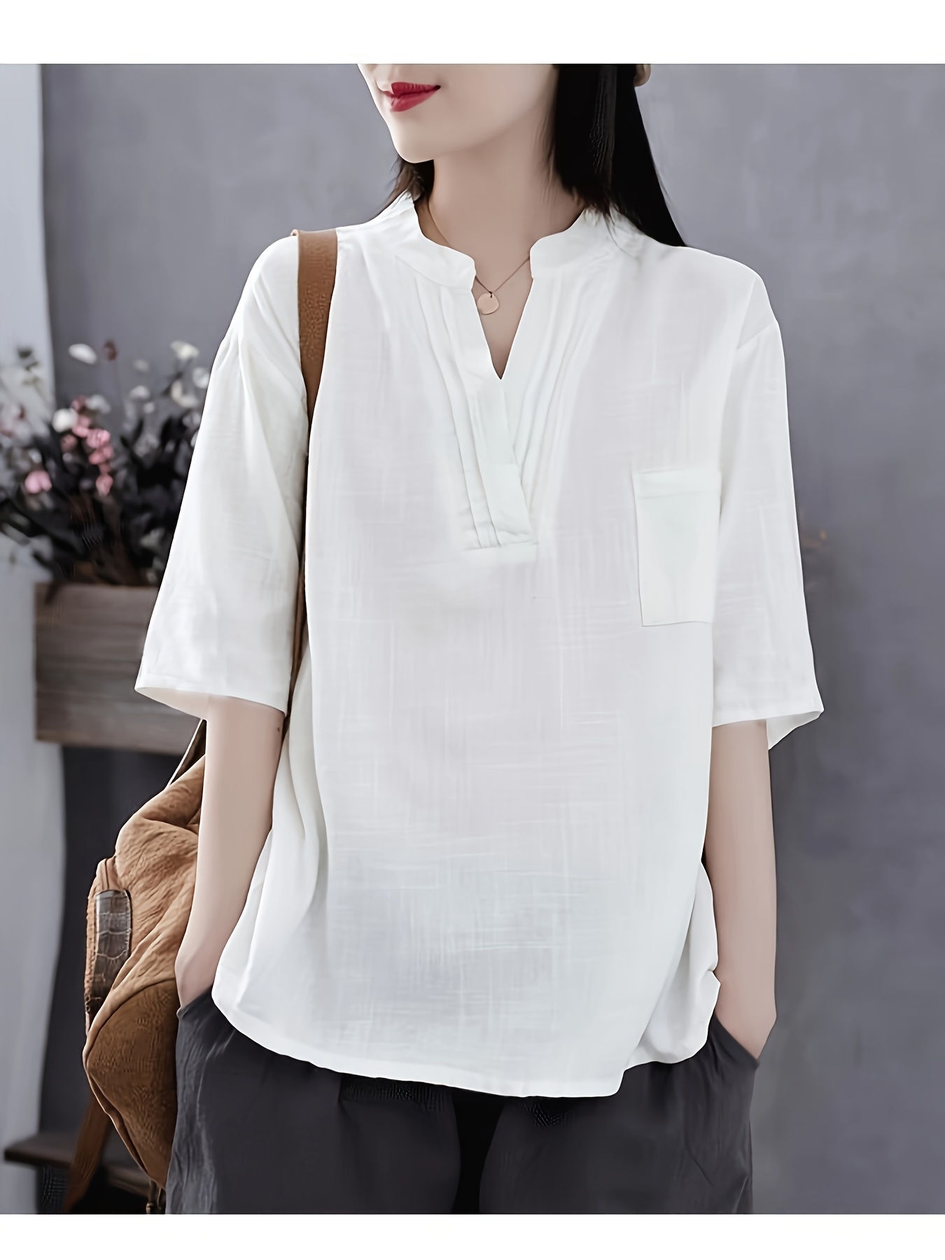 blusa elegante cuello mujer camiseta casual lino Temu Spain