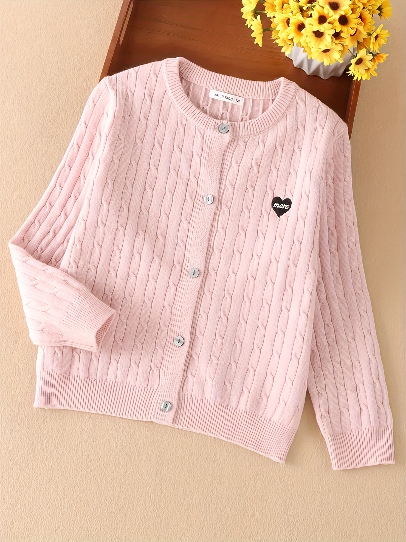 Girls' Knit Cardigan with Heart Embroidery Soft Pink Long Sleeve  Button-Front Sweater, Machine Washable Round Neck Spring/Fall Outerwear