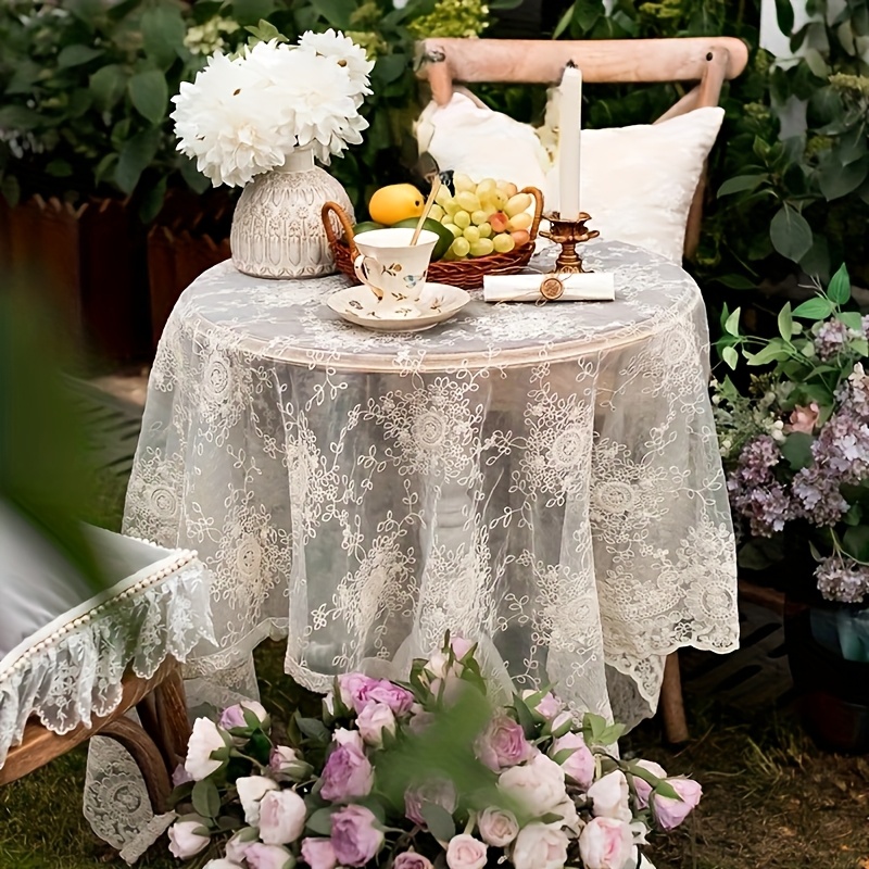 french style lace design round tablecloth durable polyester machine made solid round table cover for indoor outdoor dining   garden events easy clean decorative kitchen restaurant tablecloth lace table cloth 0