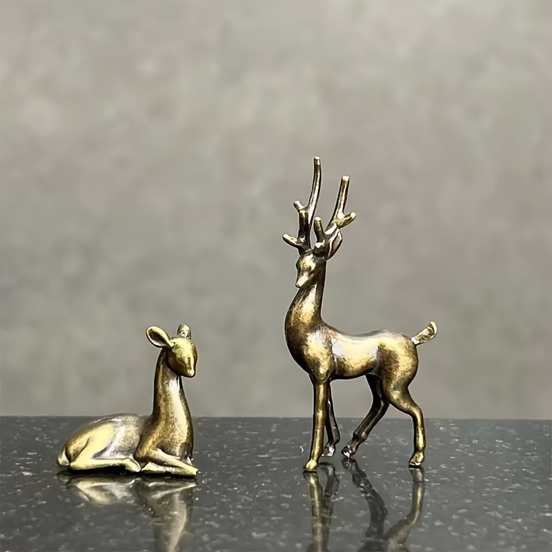 

2pc Brass Deer Statues, Small Collectible Figurines, Decorative Animal Sculptures, Miniature Indoor Decor, No Power Needed For Various Room Types