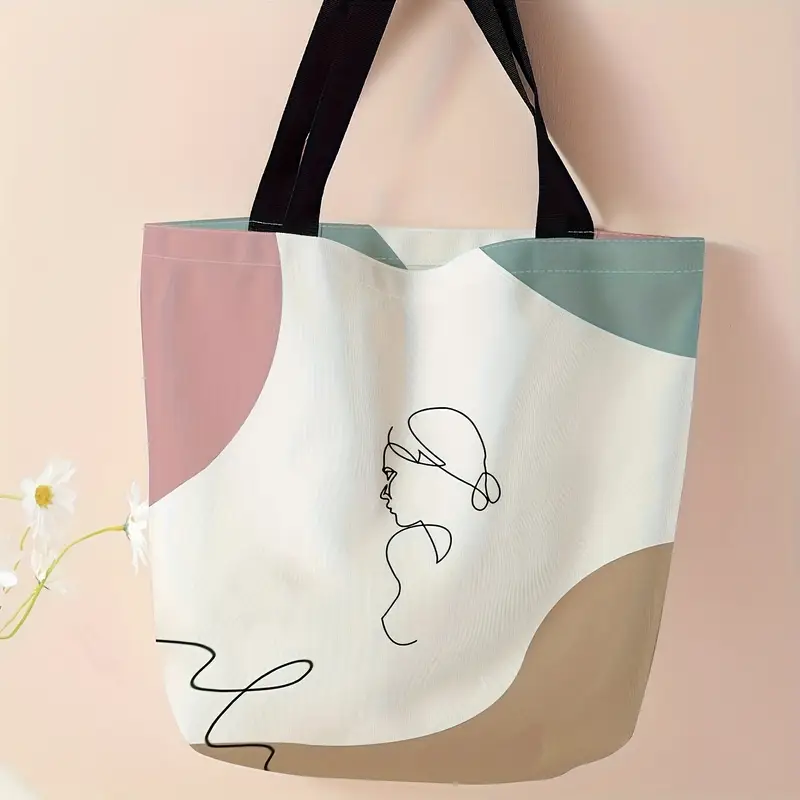 abstract line art tote bag fashionable reusable shoulder bag multipurpose canvas shopper with polyester material and diverse printing details 0
