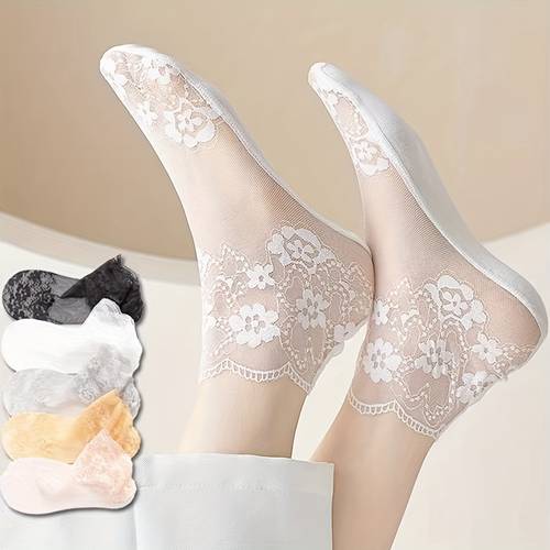 5 pairs lace socks women summer thin short socks floral sheers tulle transparent socks ladies white black