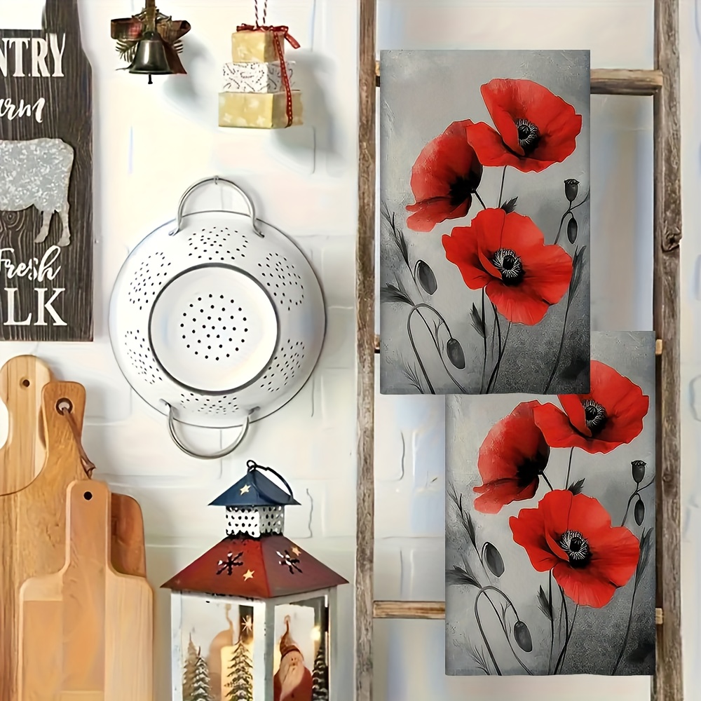 TEMU [jit]easter 2pcs Towel, 2 Red Poppies On Gray Background, Bathrooms. Super Absorbent Towels, Odorless, Suitable For Kitchens And Bathrooms, And