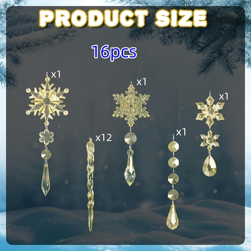 TEMU 2d Flat, 16pcs Set, Champagne Golden Christmas Hanging Acrylic Holiday Pendant Ornaments, Shiny Christmas Decoration Set With Snowflake And Ice