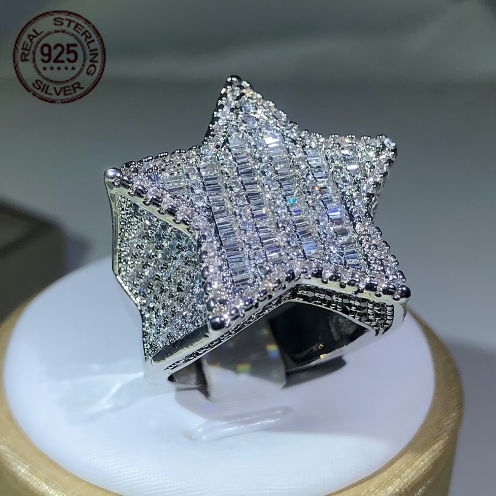 Luxury 925 Sterling Silvery Ring Ice Out Sparkling Zirconia Rappers HipHop Ring Star Shape Rings For Men Exaggerated Jewelry