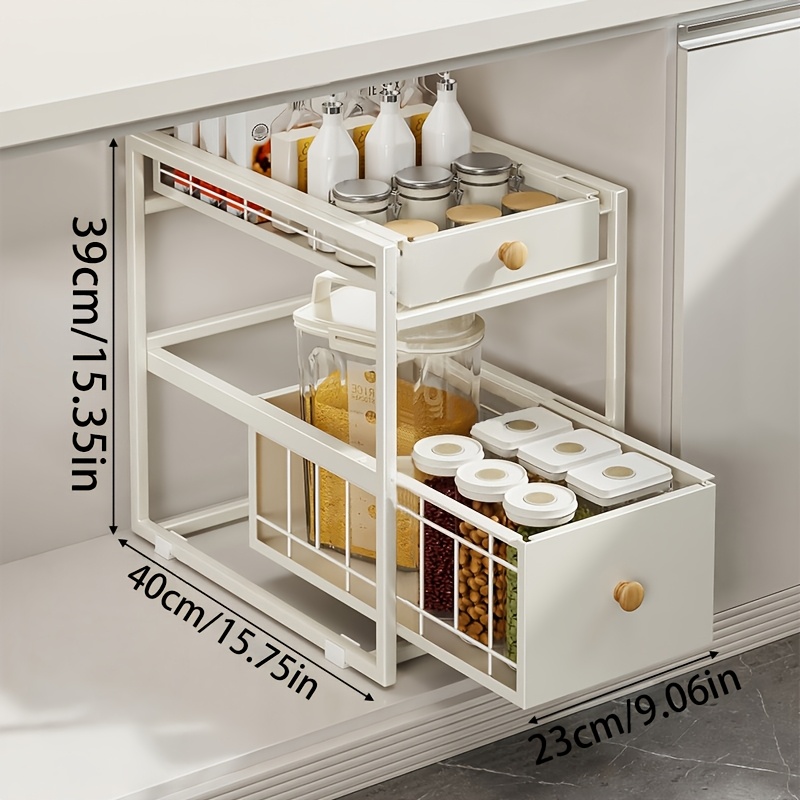 A Two-layer Drawer- Countertop Storage Rack, A Pull-out Storage Rack For Under The Sink, Featuring A Silent Sliding Rail Design, Space- And , Suitable For Kitchens And Under Sinks