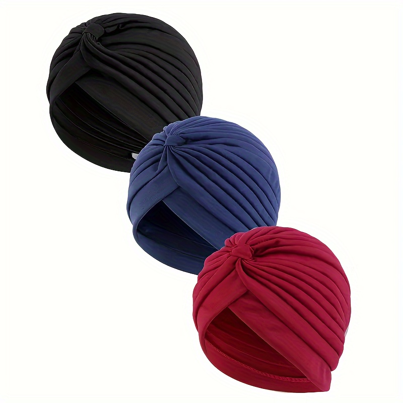

3pcs Solid Color Turban Cap Casual Pleated Head Wrap Solid Color Elastic Beanie Head Scarf Chemo Hats Turbans For Women
