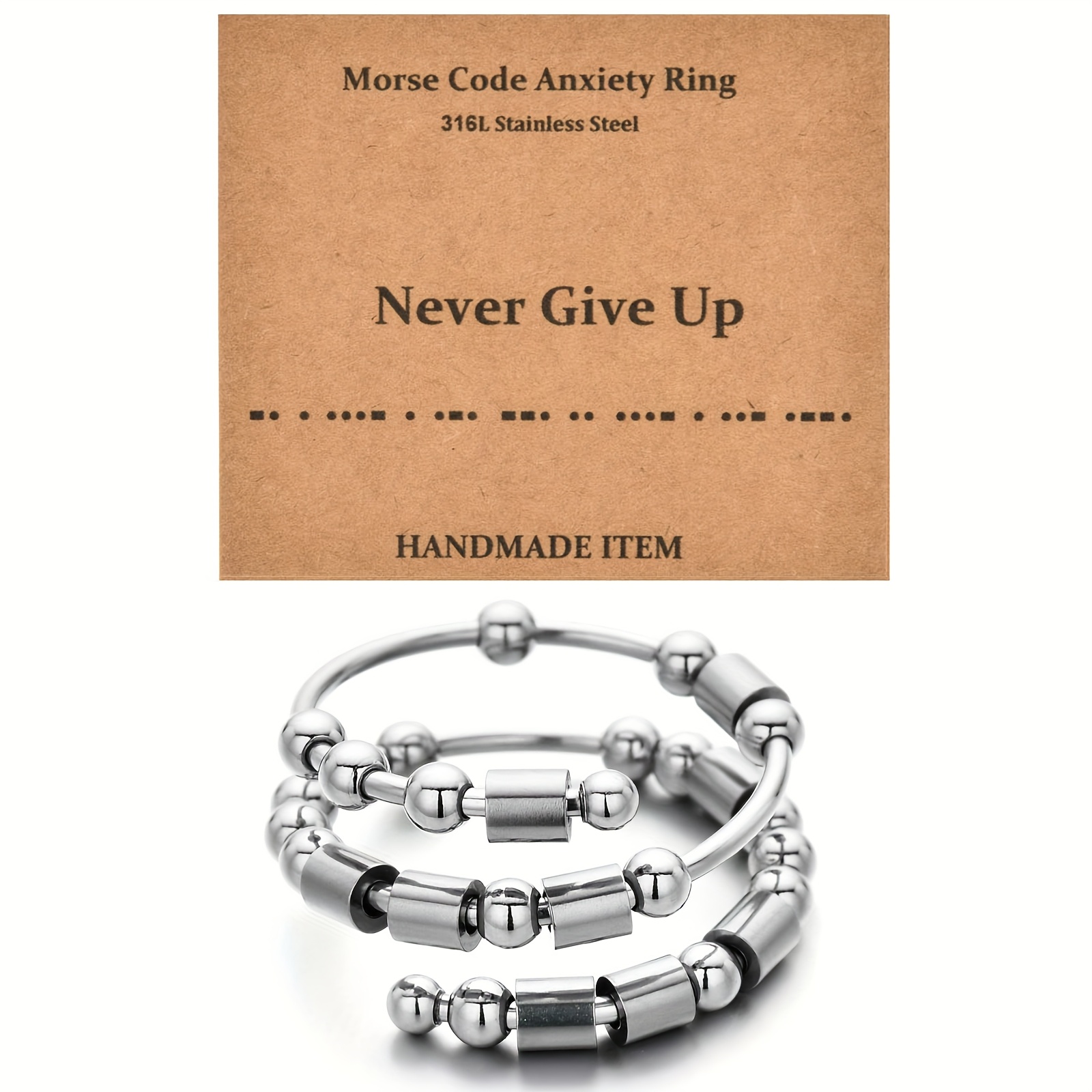     code ring never give up ring with rotating stainless steel beads adjustable   fun motivational gift Product details 0