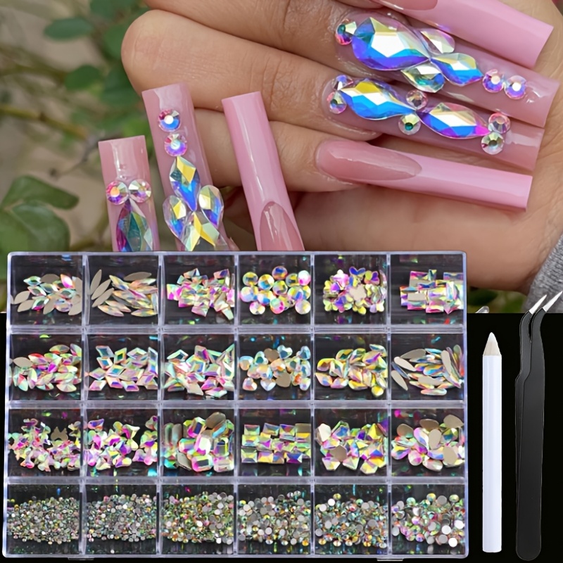 24-grid Nail Art Kit With Ab Color Y2k Aesthetic Rhinestones, Featuring Flat Bottom And Asymmetric Shapes For Manicure Decorations, Including Nail Charms And Gems