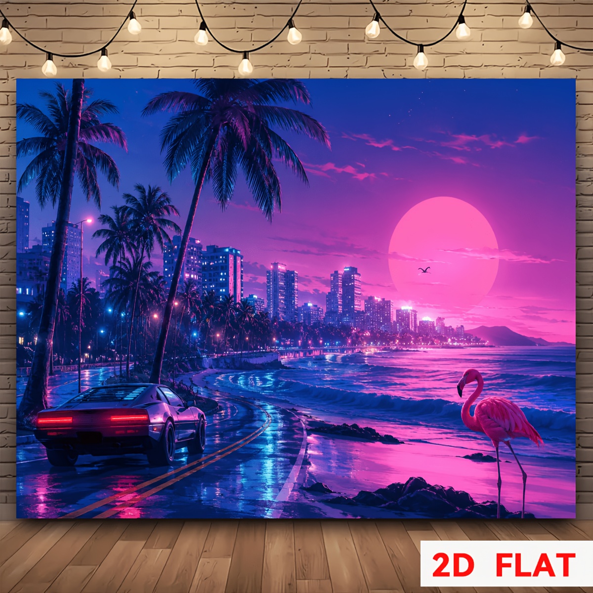 TEMU 2d Flat Vaporwave Trendy Banner Background, Purple City Theme, Featuring Palm Trees, Vintage Sports Car, Flamingo Elements, Made Of Polyester