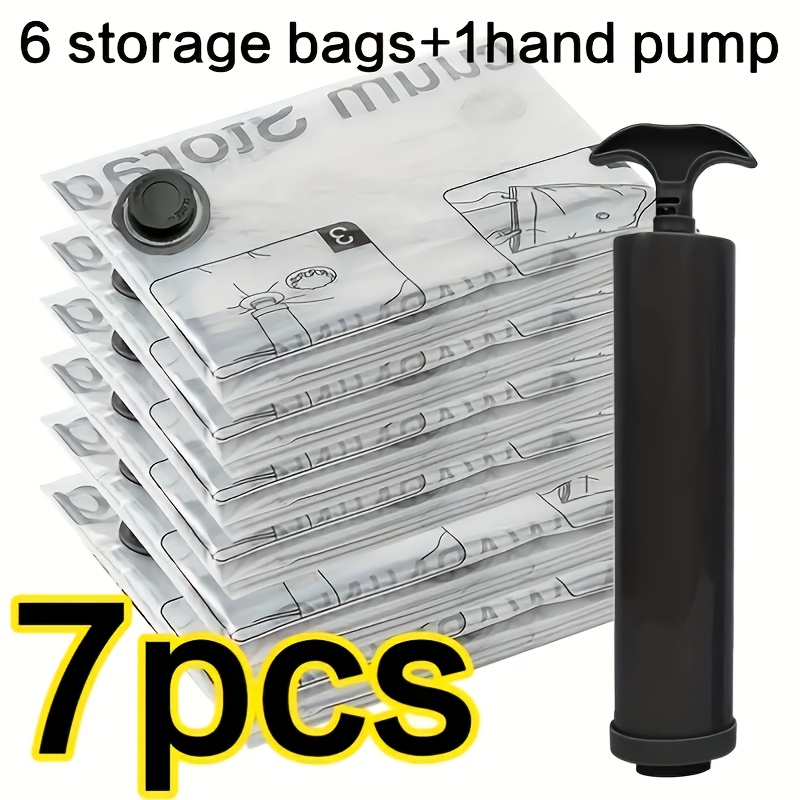 Image of 7pcs Packaging Space Saving Vacuum Storage Bag With Hand Pump, Airtight Compression Sealed Bag, Used For Clothing, Bedding, Pillows, Quilts, Blankets - , No Electricity, Rectangular, Durable Materials