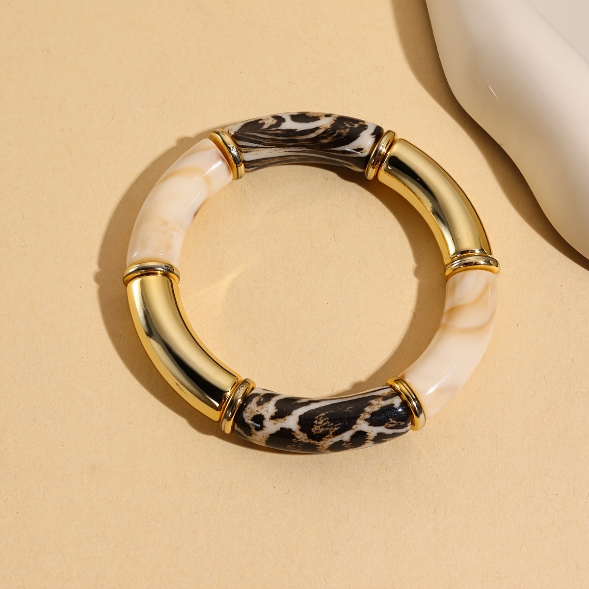 Retro Leopard Print Patchwork Elastic Bangle, Light Luxury Color-Block Arc Bracelet