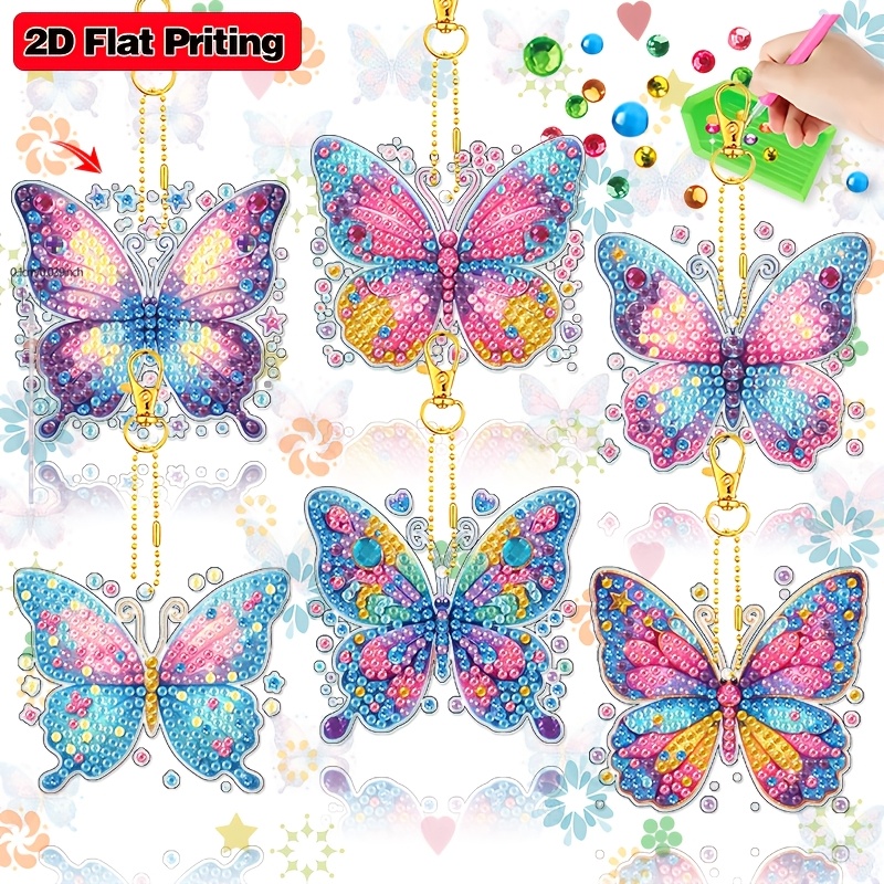 TEMU 6pcs Handmade Art Ornament With Pattern, Diamond Painting Keychain With Insect Pattern, 2d Flat Printing Pendant, Includes Tool Kit, Keychain,
