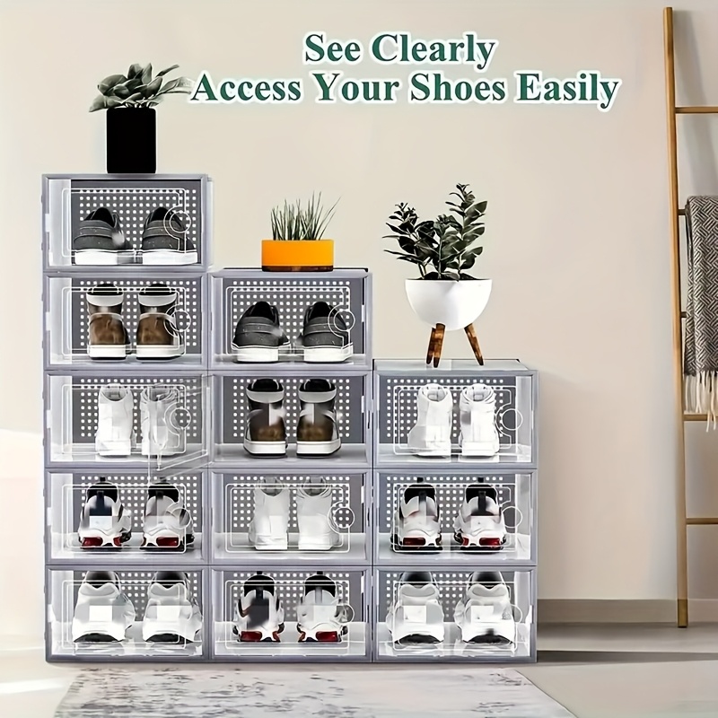 6/12/24pcs Thickened Transparent Shoe Boxes with Lid, Foldable Stackable Free Combination Shoe Rack, Plastic Sneaker Container, Space Saving Storage Organizer for Entryway Bedroom, Home Shoe Box Shoe Racks Shoe Storage Organizer Shelf