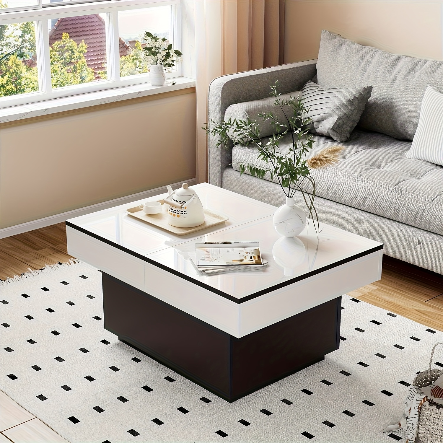 TEMU White, High-gloss Coffee Table, Extendable Coffee Table, Living Room Table With 2 Hidden Storage Spaces, Living Room Combination Table, Suitable